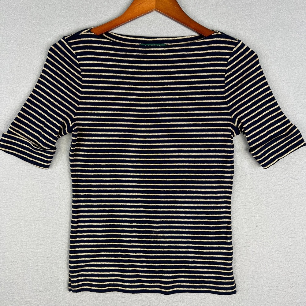 Lauren Ralph‎ Lauren Top Womans Small Navy Blue Gold Metalic Stripes Boat Neck